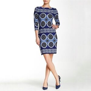 London Times Mod Style Blue Sheath Long Sleeve Midi Dress Size 6